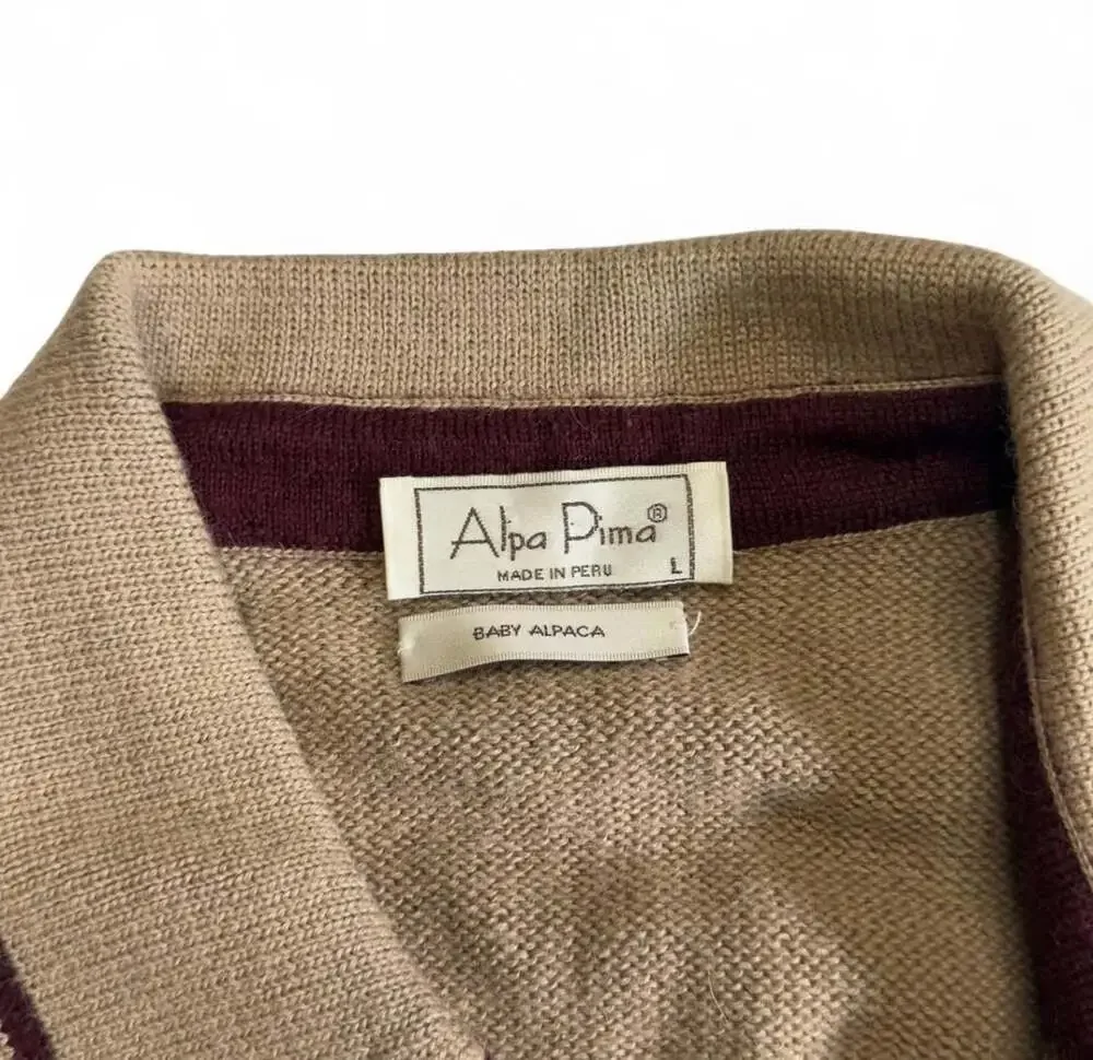Alpa Pima Baby Alpaca Polo Sweater Size L Brown Long Sleeve Knit